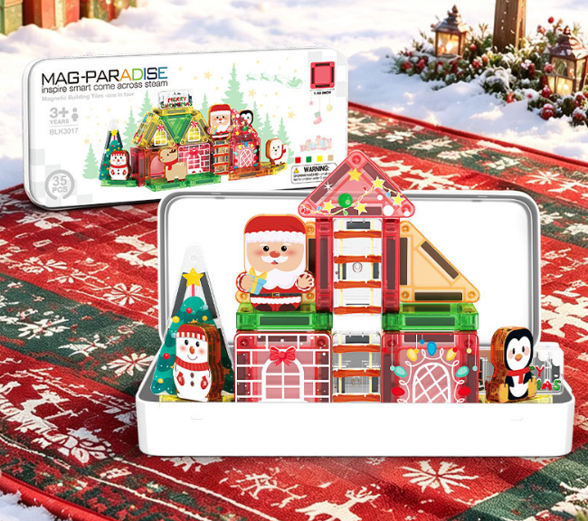 35-piece Christmas Santa's Workshop magnetic tiles in reusable white tin box