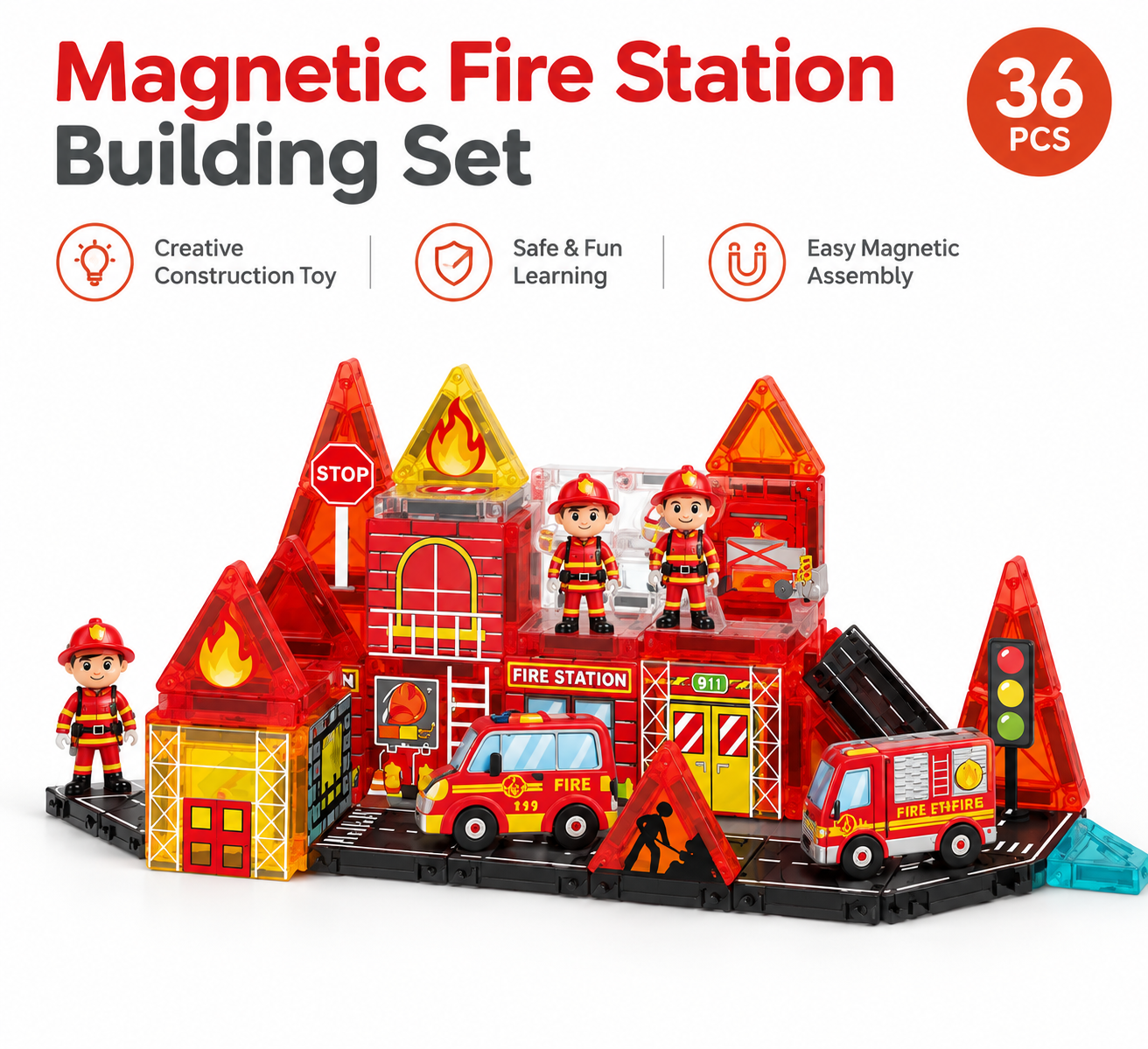 36-piece Magnetic Fire Station building set in reusable tin box
