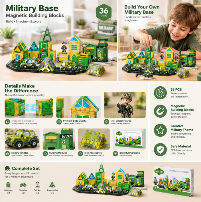 36-piece Military Base magnetic building blocks in a reusable tin box