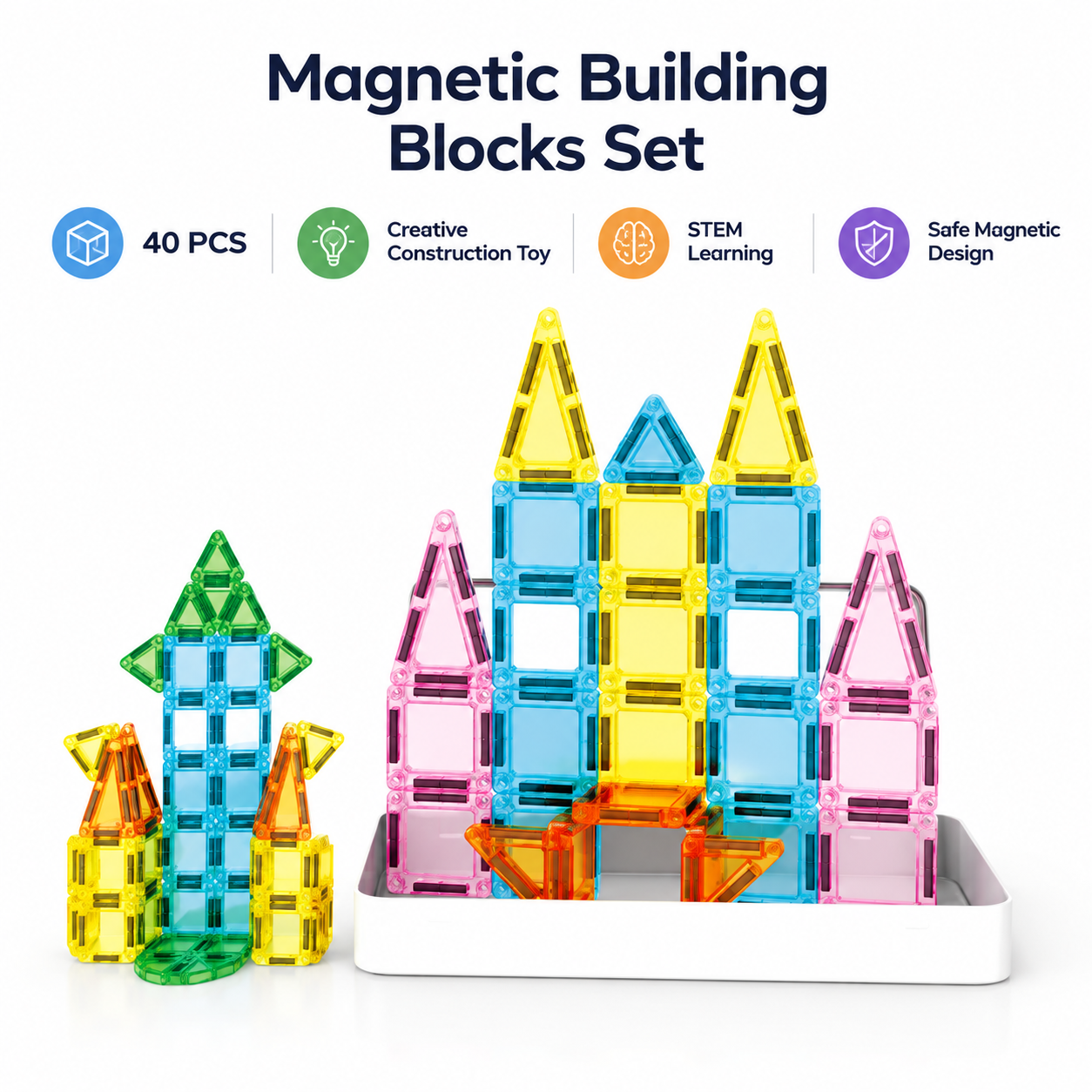 Magnetic building travel set packed in a reusable tin box