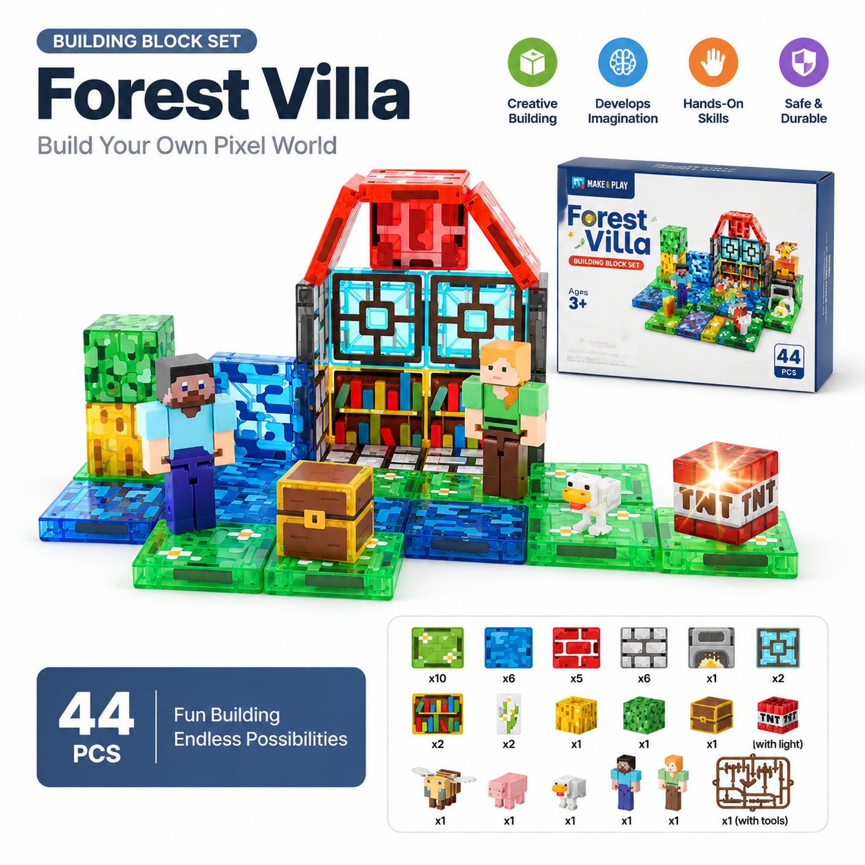 44-piece Forest Villa magnetic building blocks in reusable tin box with four scene ideas