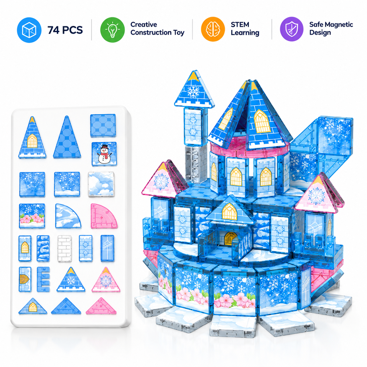 74-piece winter castle magnetic building blocks arranged with reusable tin boxes