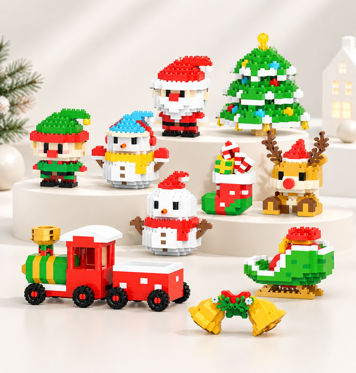 Christmas building block collection including Santa, snowmen, tree, reindeer, train and seasonal decorations