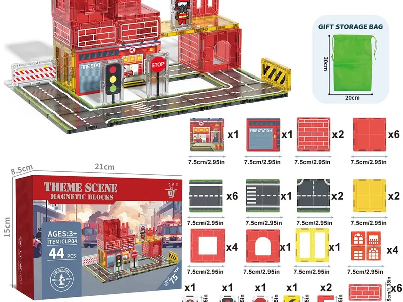 44pcs Magnetic Block Fire Station Set