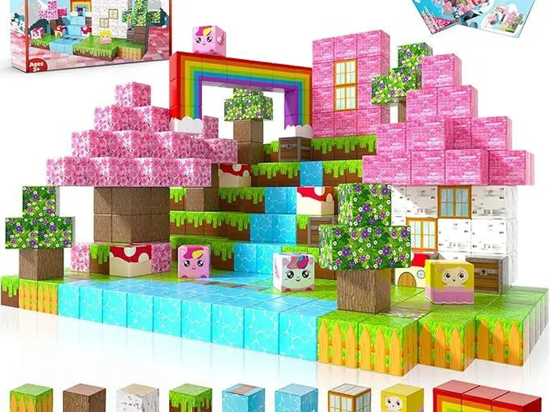 Pixel Magnetic Building Cubes Dreamy Pink Unicorn Theme Set