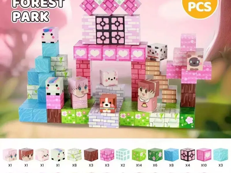 Pixel Magnetic Building Cubes Pink Forest Park 100PCS Theme Set