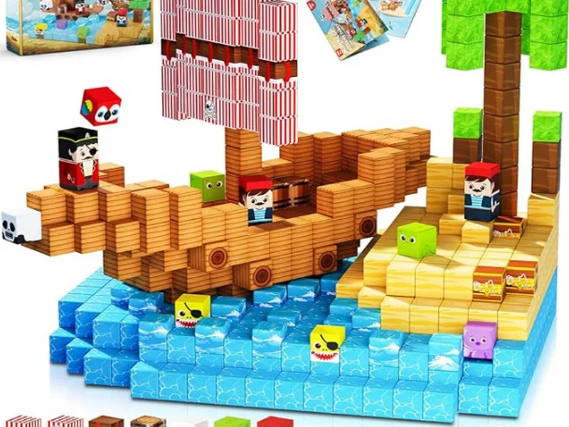 Pixel Magnetic Building Cubes Pirate Ship Treasure Island Theme Set