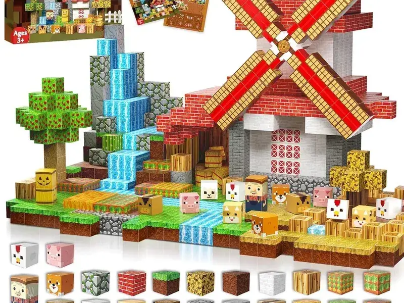 Pixel Magnetic Building Cubes Windmill Farm Rural Theme Set